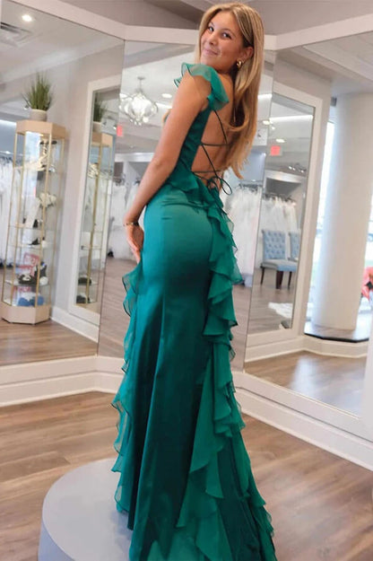 Green Chiffon Mermaid Square Neck Ruffled Prom Dress