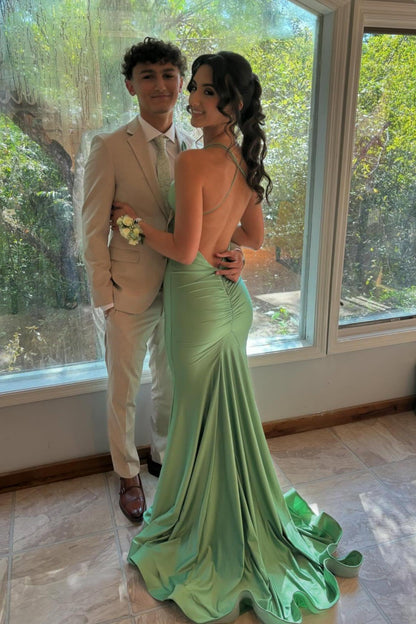 Green Satin Spaghetti Straps Mermaid Long Prom Dress