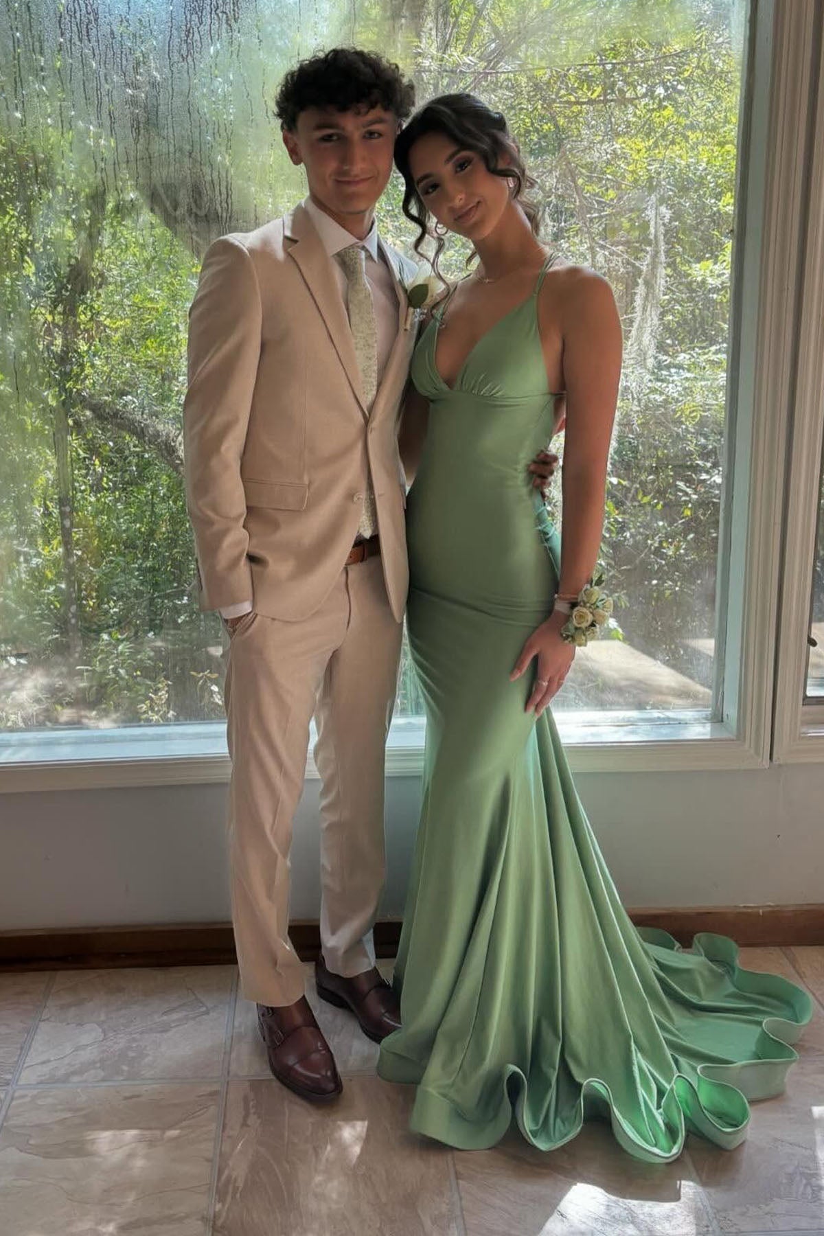 Green Satin Spaghetti Straps Mermaid Long Prom Dress