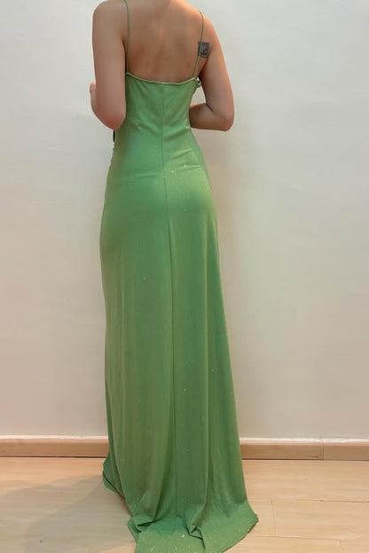 Green V-Neck Spaghetti Straps Mermaid Satin Party Prom Dress