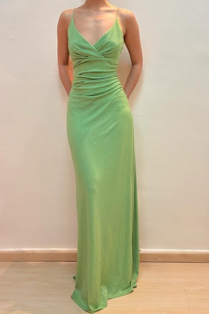 Green V-Neck Spaghetti Straps Mermaid Satin Party Prom Dress