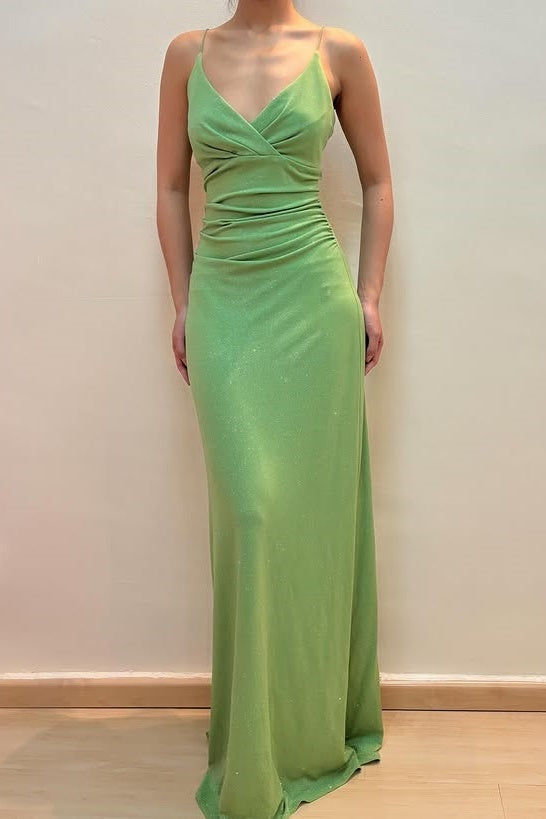 Green V-Neck Spaghetti Straps Mermaid Satin Party Prom Dress