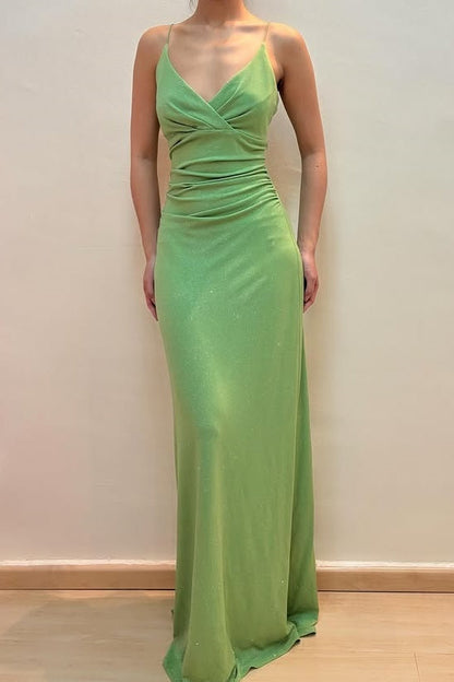Green V-Neck Spaghetti Straps Mermaid Satin Party Prom Dress