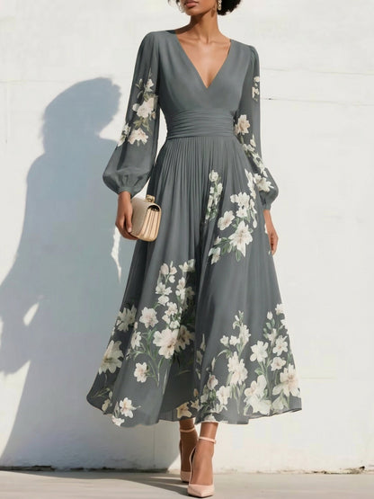 V-Neck Print-Chiffon Pleated Tea-Length Mother of the Bride Dress