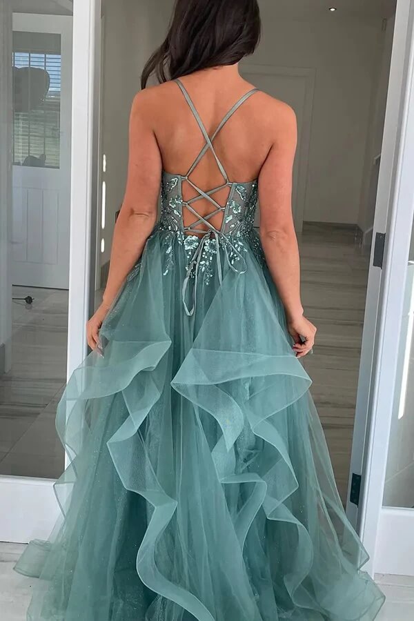 Grey Green Tulle A-line Spaghetti Straps Lace Appliques Prom Dress