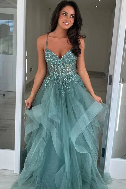Grey Green Tulle A-line Spaghetti Straps Lace Appliques Prom Dress