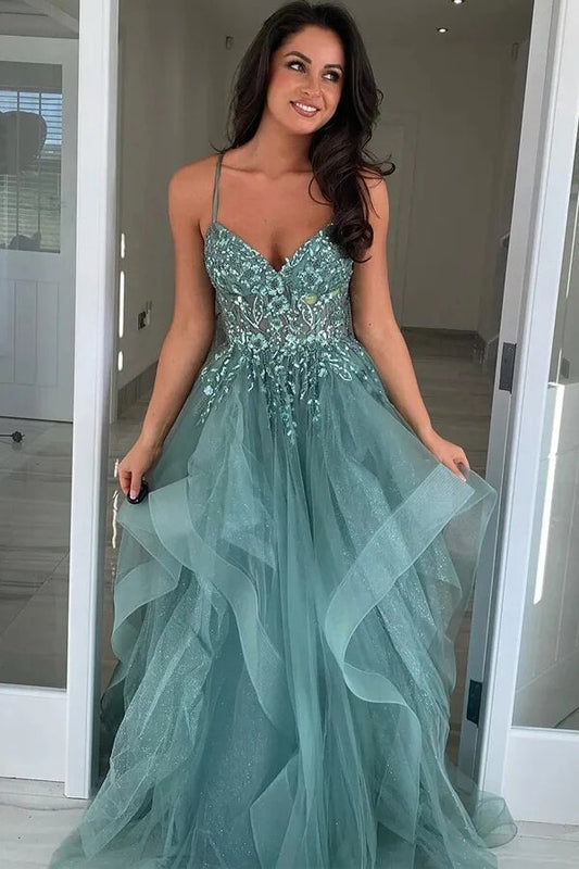 Grey Green Tulle A-line Spaghetti Straps Lace Appliques Prom Dress