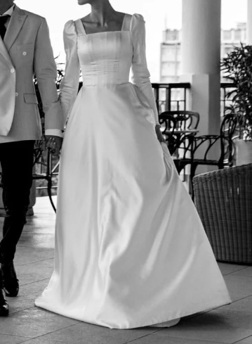 Modest A-line Square Neckline White Satin Wedding Dress