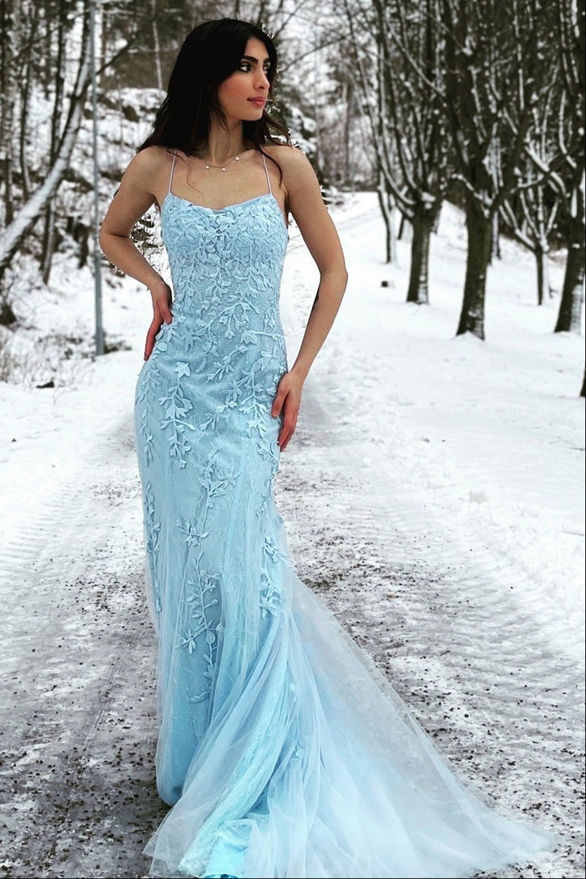 Blue Mermaid Spaghetti Straps Criss Cross Back Long Prom Dress