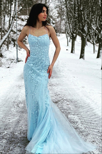 Blue Mermaid Spaghetti Straps Criss Cross Back Long Prom Dress