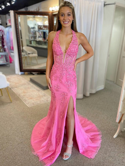 Halter Neck Hot Pink Mermaid Lace Prom Dress