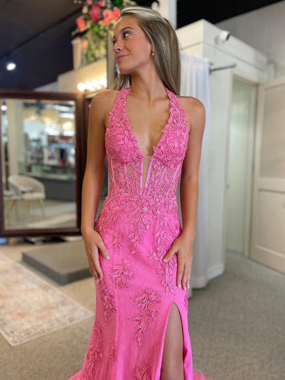 Halter Neck Hot Pink Mermaid Lace Prom Dress