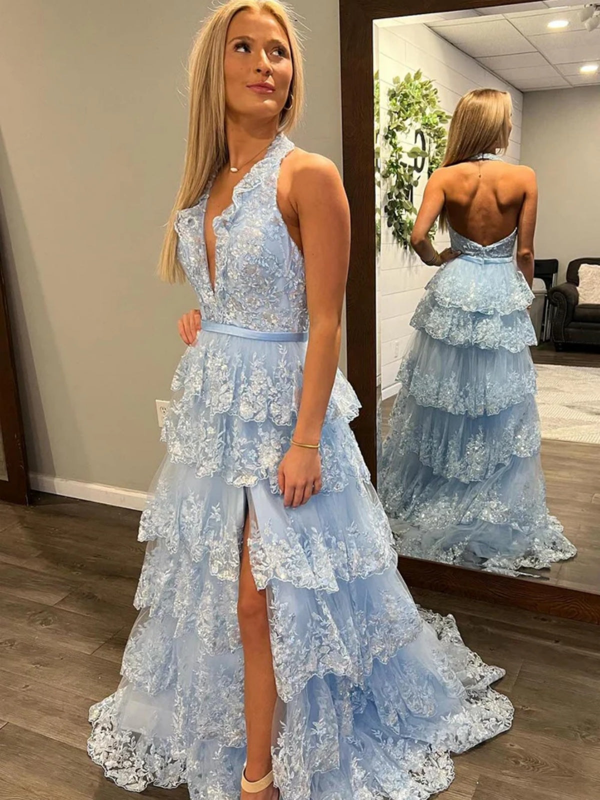 Halter Neck Light Blue Lace Prom Dress
