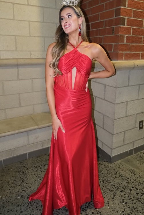 Halter Sleeveless Pleated Satin Mermaid Party Prom Dress