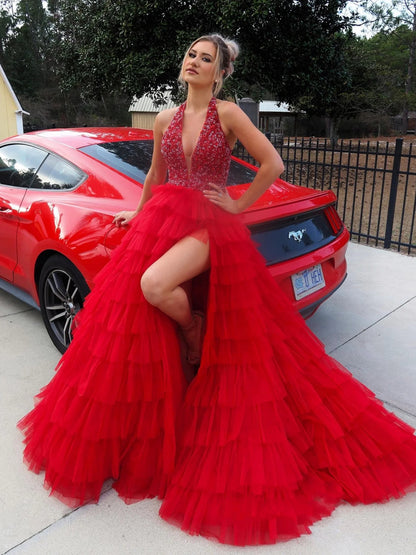 Halter V Neck Backless Beaded Red Long Prom Dress