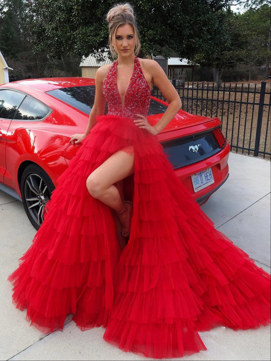 Halter V Neck Backless Beaded Red Long Prom Dress
