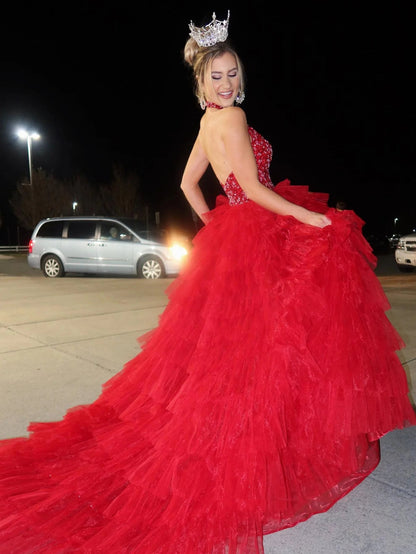 Halter V Neck Backless Beaded Red Long Prom Dress