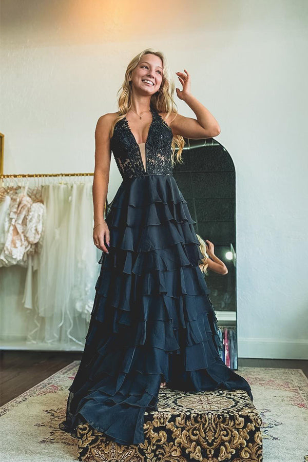 Halter Light Blue Lace Appliques Chiffon Ruffle Prom Dress