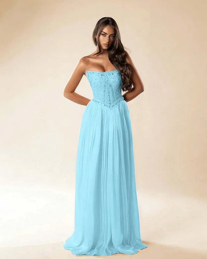 Strapless Sleeveless Long Pleated A-Line Prom Dress With Beadings