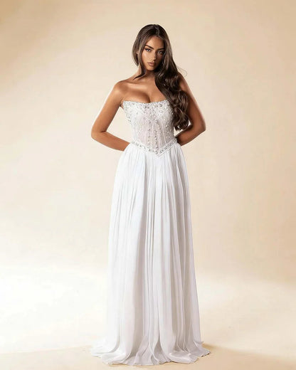 Strapless Sleeveless Long Pleated A-Line Prom Dress With Beadings
