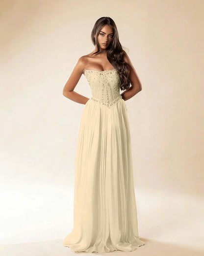 Strapless Sleeveless Long Pleated A-Line Prom Dress With Beadings