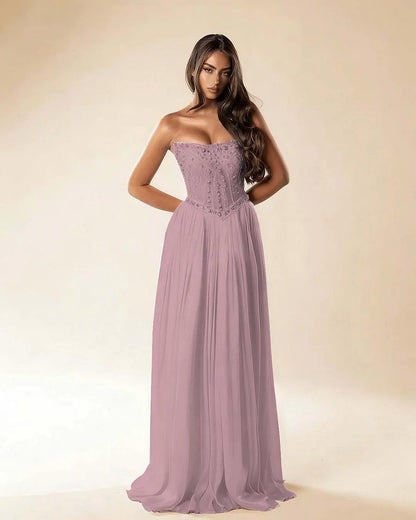 Strapless Sleeveless Long Pleated A-Line Prom Dress With Beadings