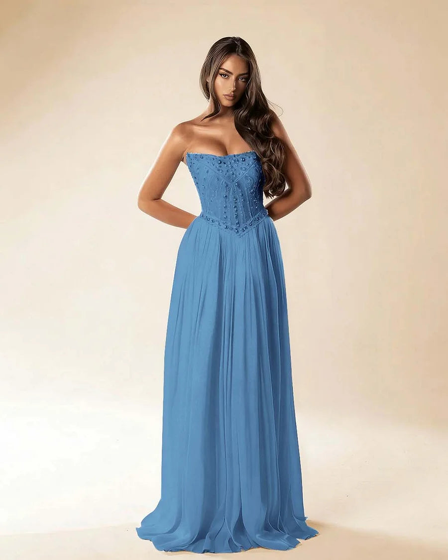 Strapless Sleeveless Long Pleated A-Line Prom Dress With Beadings