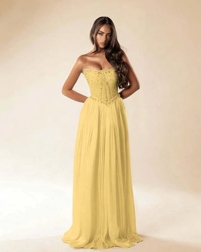 Strapless Sleeveless Long Pleated A-Line Prom Dress With Beadings