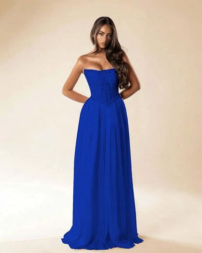Strapless Sleeveless Long Pleated A-Line Prom Dress With Beadings