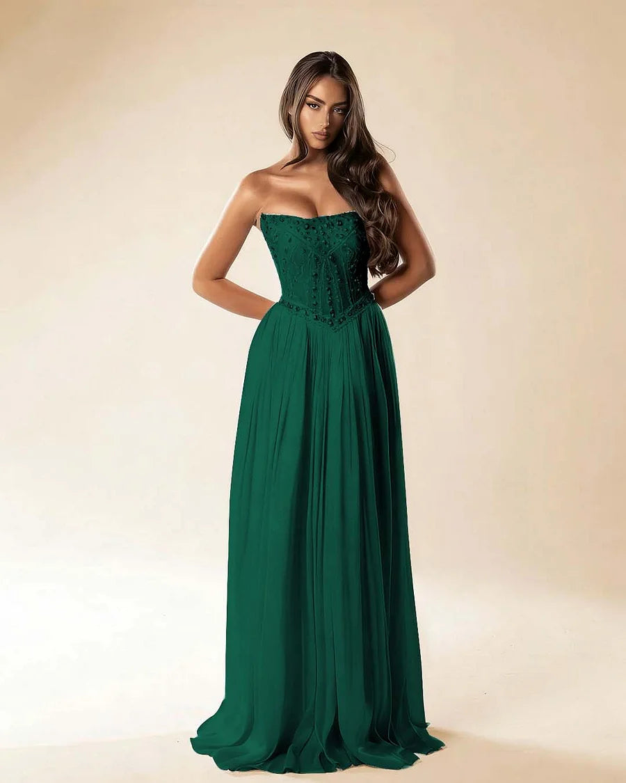 Strapless Sleeveless Long Pleated A-Line Prom Dress With Beadings