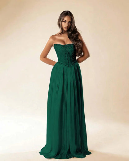 Strapless Sleeveless Long Pleated A-Line Prom Dress With Beadings