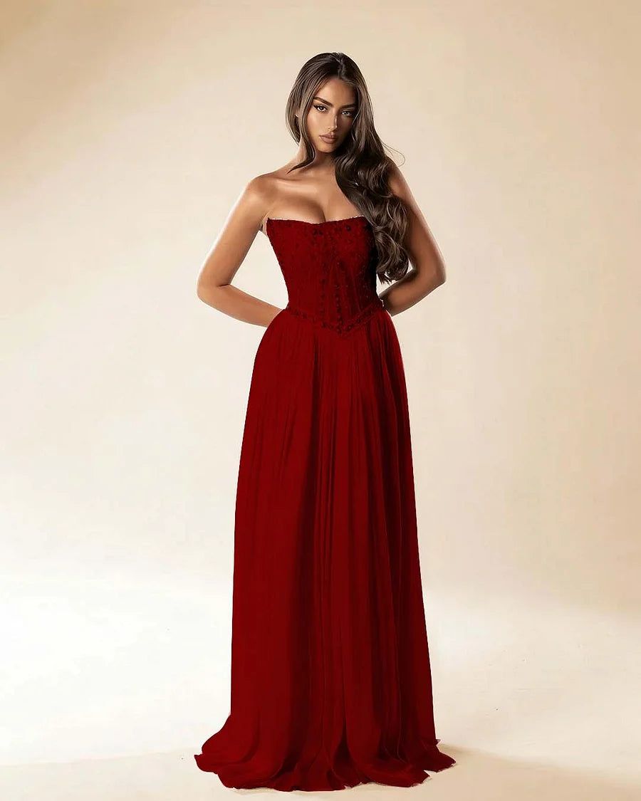 Strapless Sleeveless Long Pleated A-Line Prom Dress With Beadings