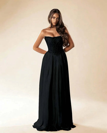 Strapless Sleeveless Long Pleated A-Line Prom Dress With Beadings