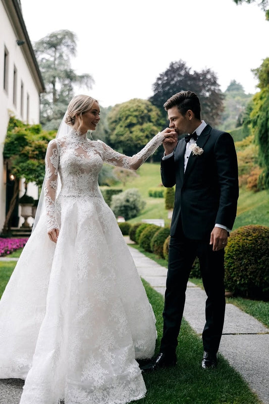 High Neck Long Sleeves Wedding Dress A Line Lace Bridal Gown