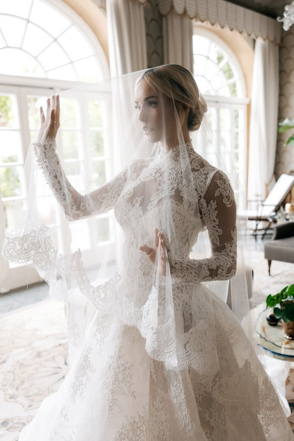 High Neck Long Sleeves Wedding Dress A Line Lace Bridal Gown