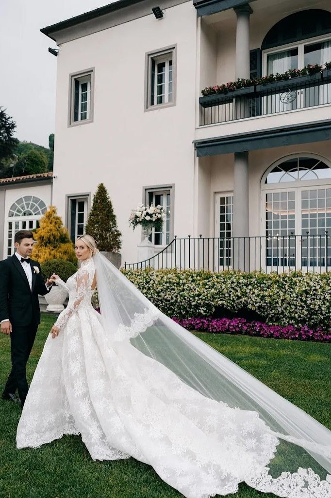 High Neck Long Sleeves Wedding Dress A Line Lace Bridal Gown