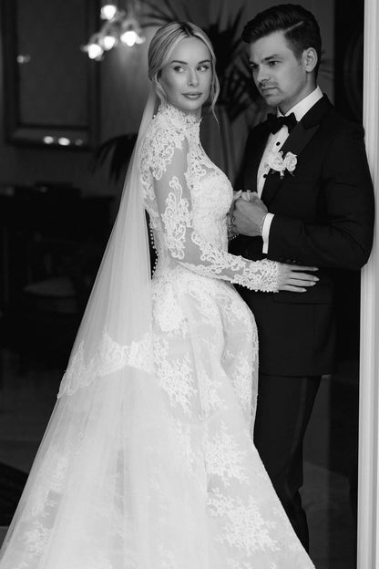 High Neck Long Sleeves Wedding Dress A Line Lace Bridal Gown