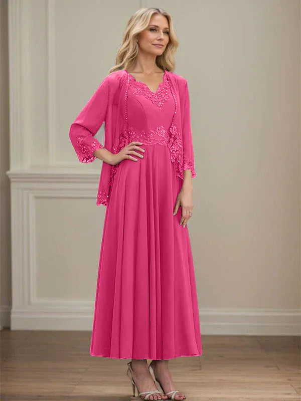 A-line V-Neck Ankle-Length Chiffon Mother of the Bride Dress