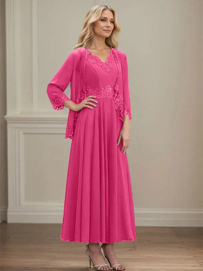 A-line V-Neck Ankle-Length Chiffon Mother of the Bride Dress