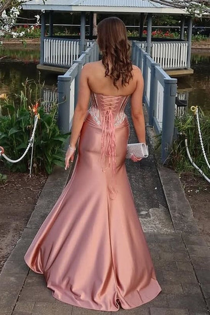 Hot Mermaid Strapless Dark Pink Corset Prom Dress with Beading