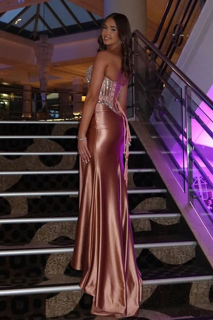 Hot Mermaid Strapless Dark Pink Corset Prom Dress with Beading