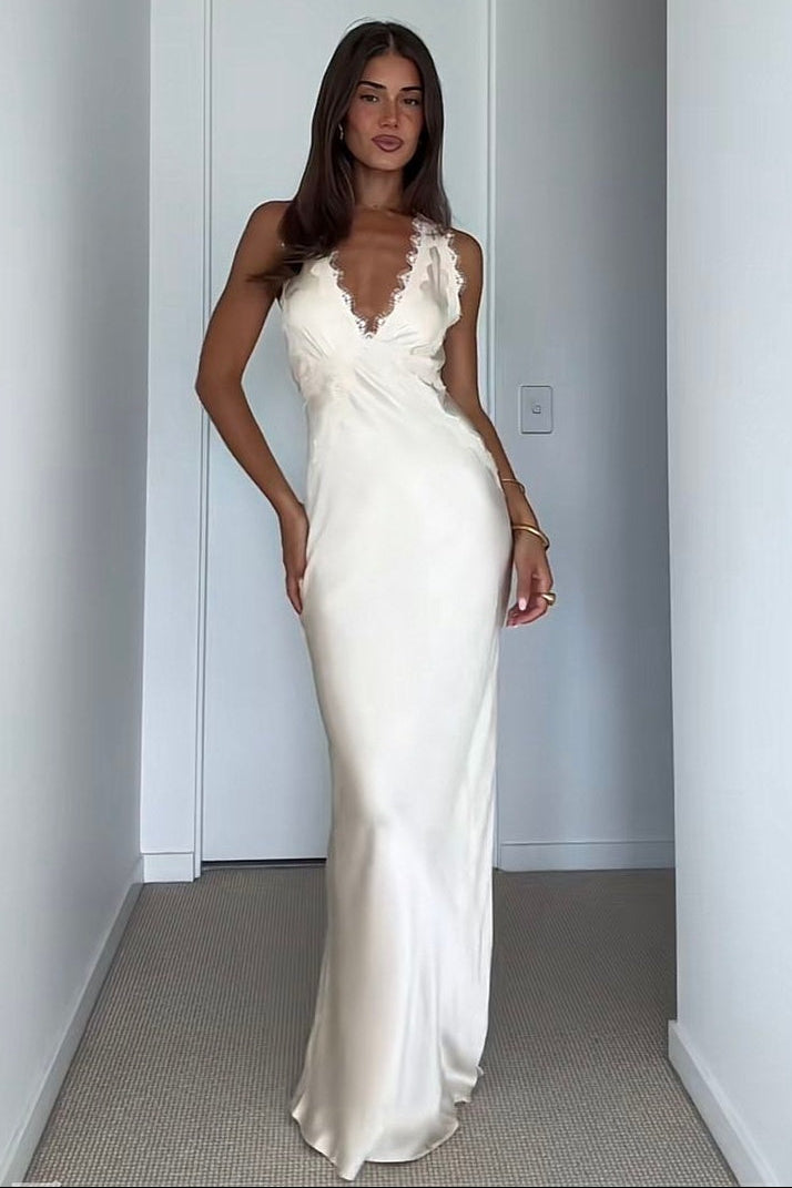 Hot Mermaid Deep V Neck Ivory Long Party Dress with Lace