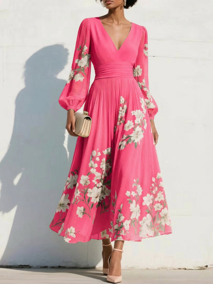 V-Neck Print-Chiffon Pleated Tea-Length Mother of the Bride Dress
