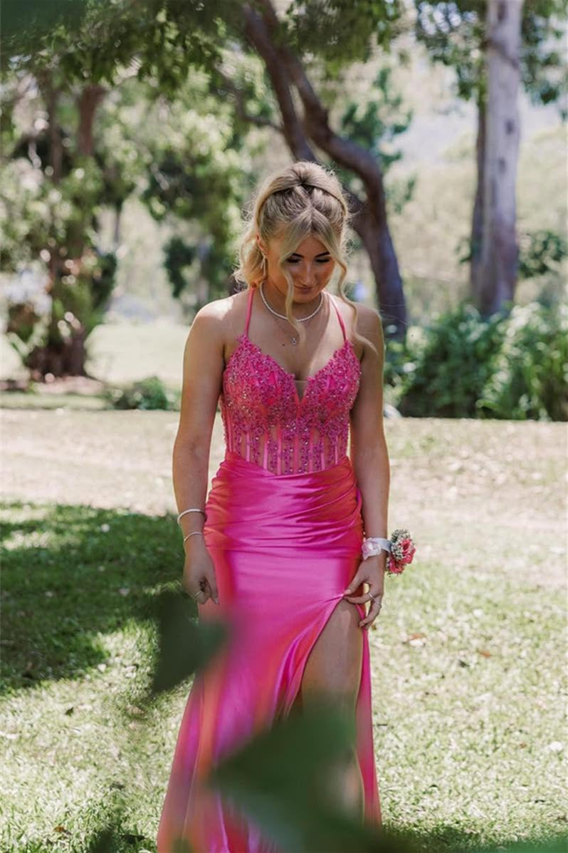 Hot Pink Appliques Mermaid Long Dress with Slit