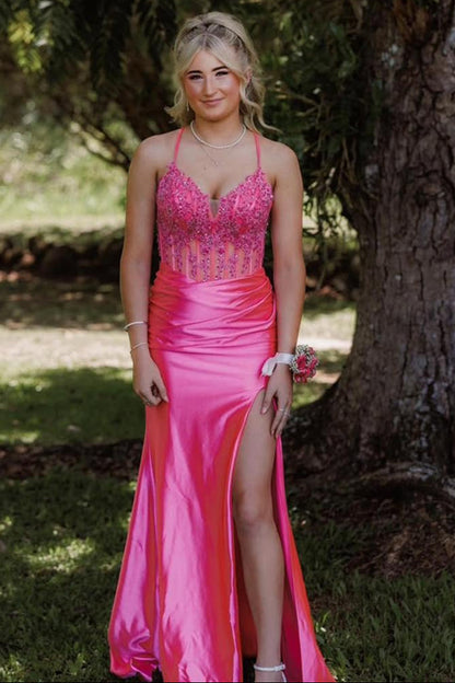 Hot Pink Appliques Mermaid Long Dress with Slit