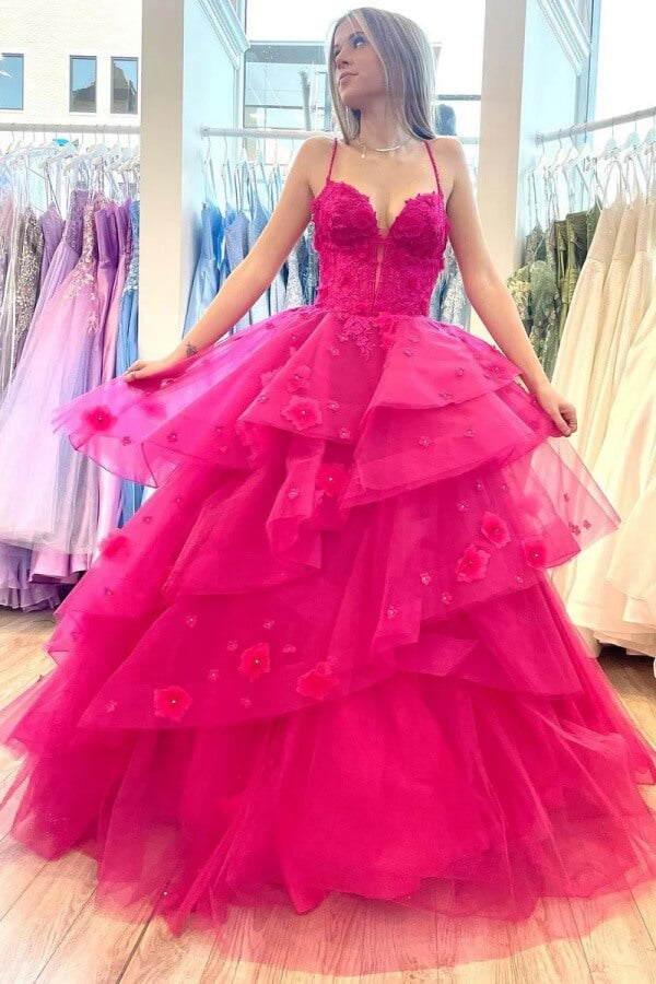 Hot Pink Tulle Tiered Sweetheart Prom Dresses With Lace Appliques