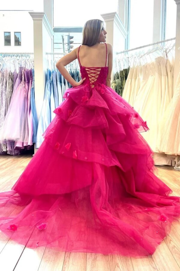 Hot Pink Tulle Tiered Sweetheart Prom Dresses With Lace Appliques