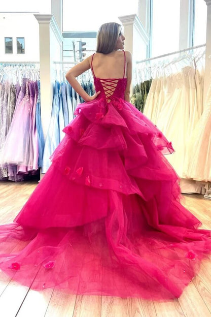 Hot Pink Tulle Tiered Sweetheart Prom Dresses With Lace Appliques
