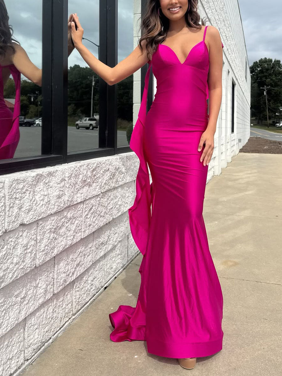 Hot Pink V-Neck Prom Dress with Cascading