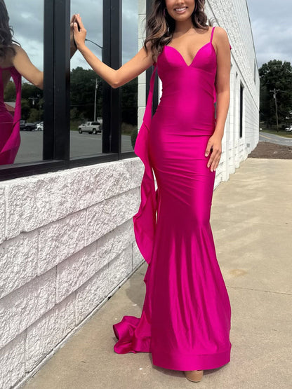 Hot Pink V-Neck Prom Dress with Cascading